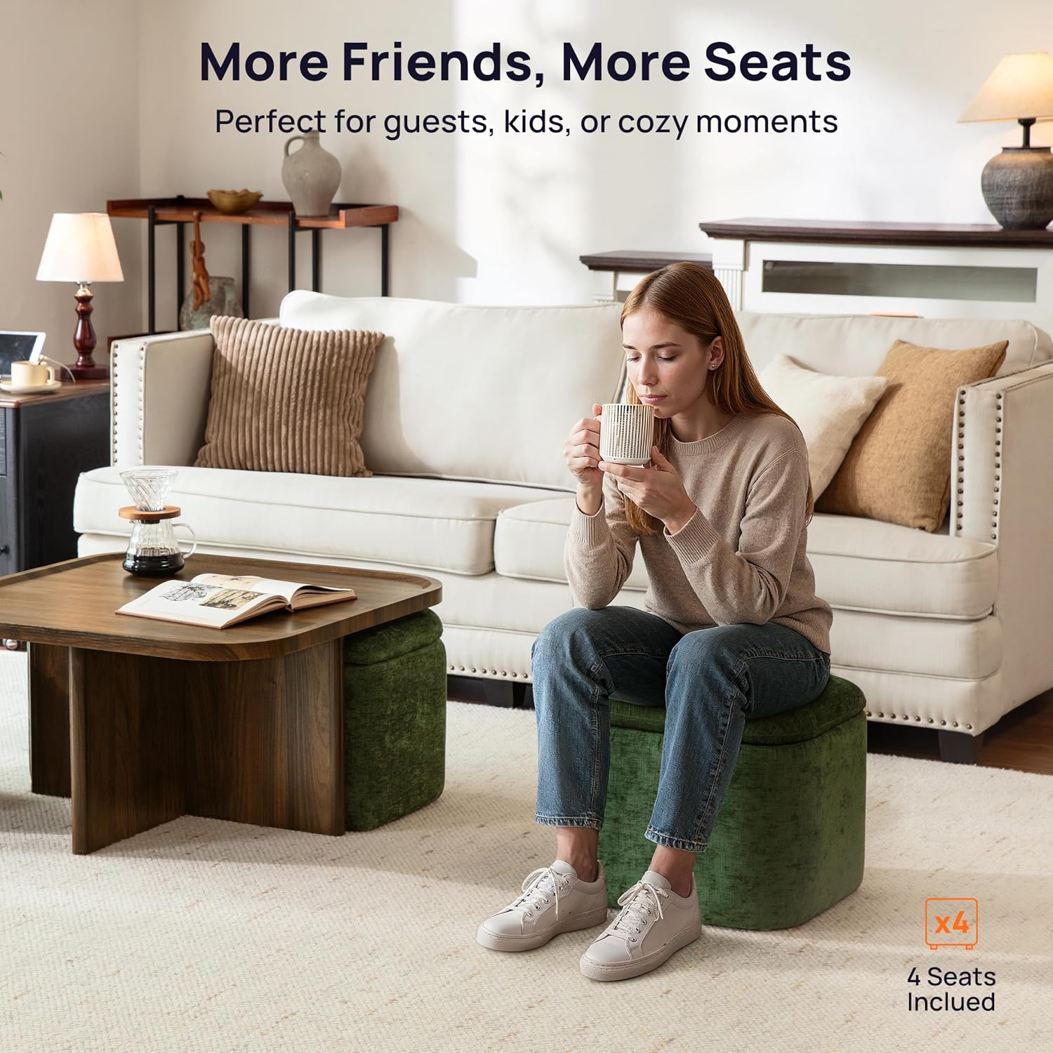 Square Coffee Table with Stools Underneath, Wood Ottoman Coffee Tables with 4 Chenille Storage Ottomans & Seats, Mid-Century Modern Coffee Table with Chairs for Living Room, Small Space, Walnut&Green