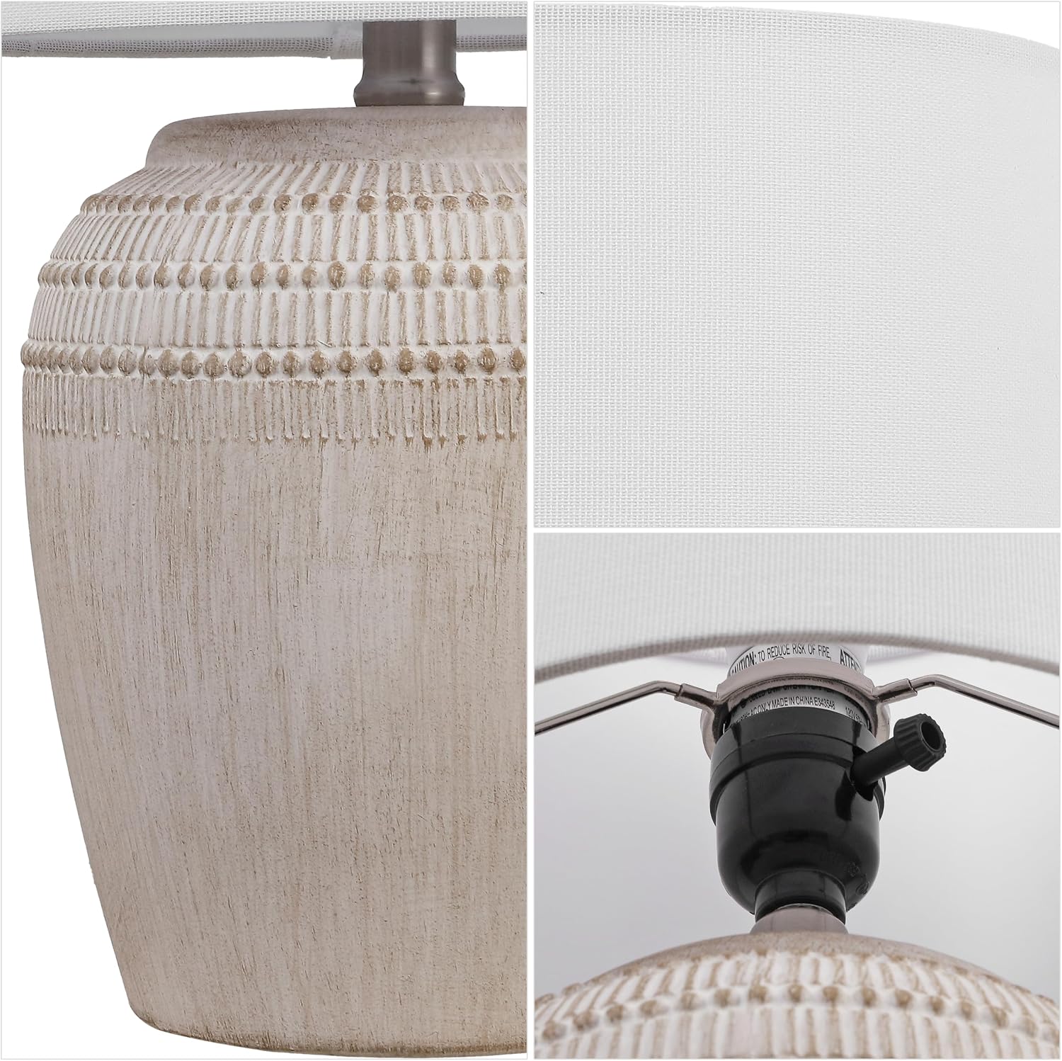 JONATHAN Y 16.75' Antique White/Nickel Ceramic Table Lamp Set of 2, Rustic Traditional Reeded Vase Lamps with White Linen Shade for Bedroom Living Room Decor (JYL5707B-SET2)
