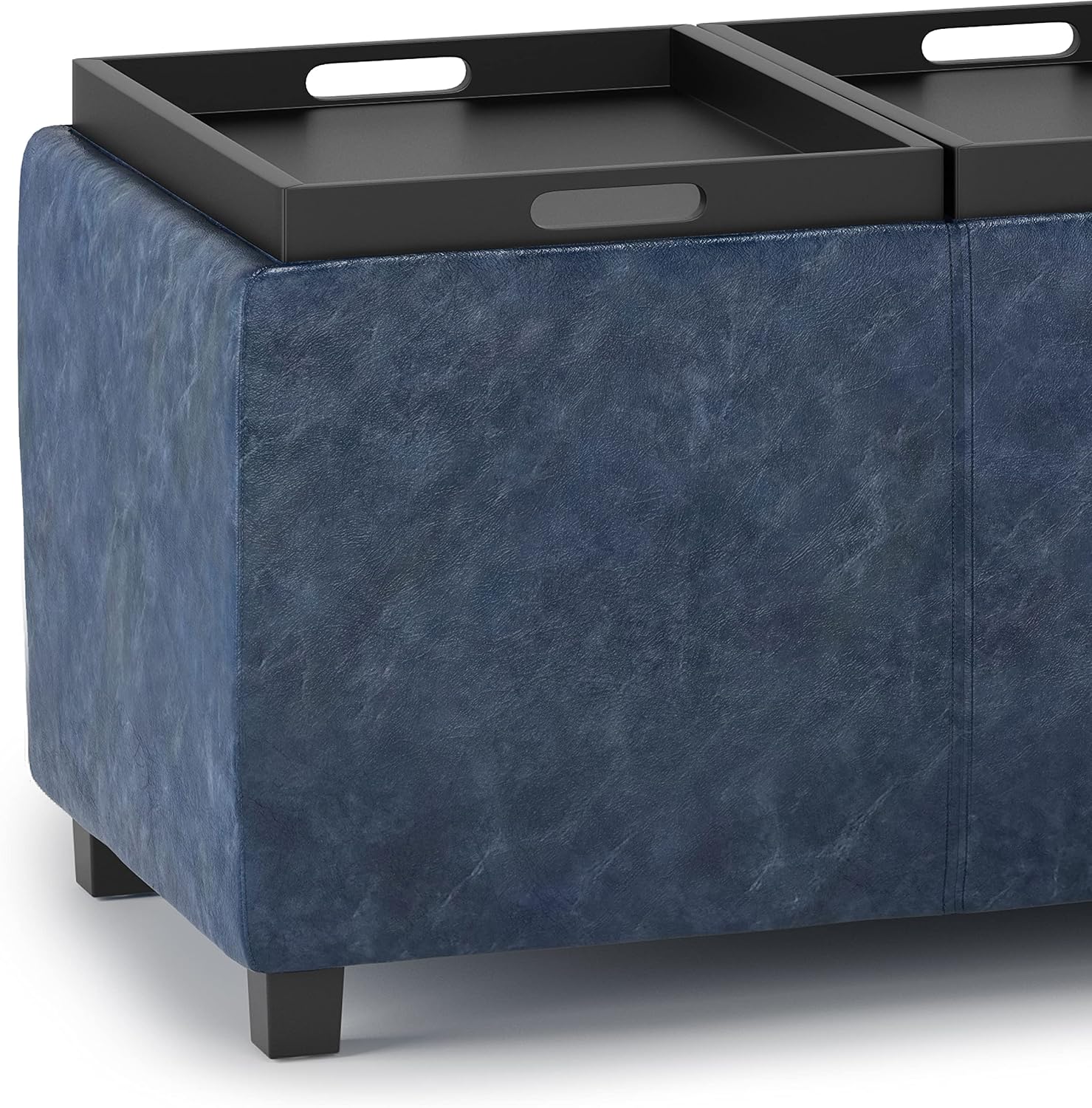 SIMPLIHOME Avalon Storage Ottoman - 42 inch Wide Upholstered Vegan Leather Rectangular Flip-Top Ottoman in Denim Blue, Contemporary Coffee Table Ottoman for Living Room with Hidden Storage