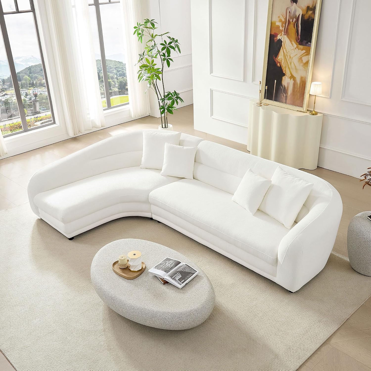 WILLIAMSPACE 55.12' Oval Faux Stone Coffee Table with Grainy Rocks, Modern Irregular Travertine Center Table, Accent Fiberglass Drum Side Coffee Table for Living Room, No Need Assembly - Rock Grey