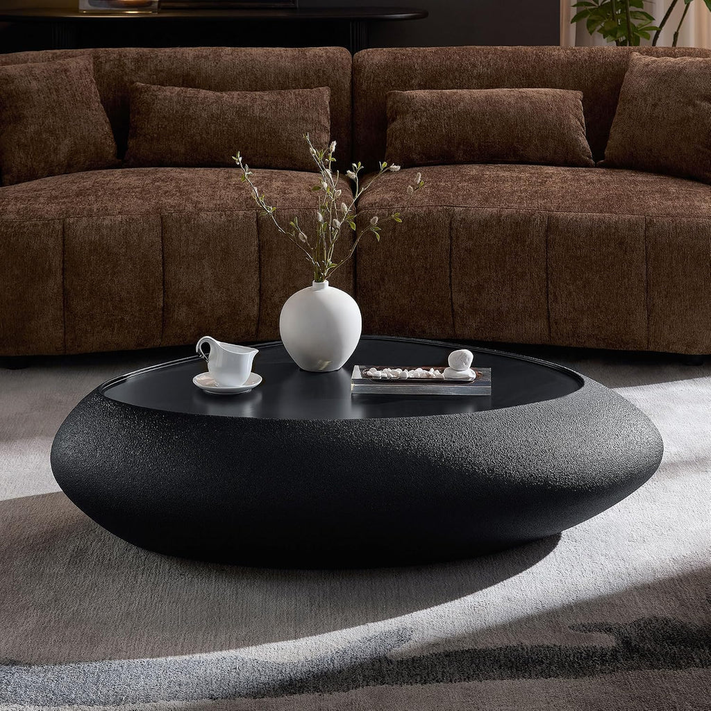 WILLIAMSPACE 47.24' Oval Coffee Table with Grainy Matte Rocks Pattern, Modern Faux Stone Irregular Center Table, Drum Fiberglass Coffee Table Accent Side Table End Table for Living Room (Black)