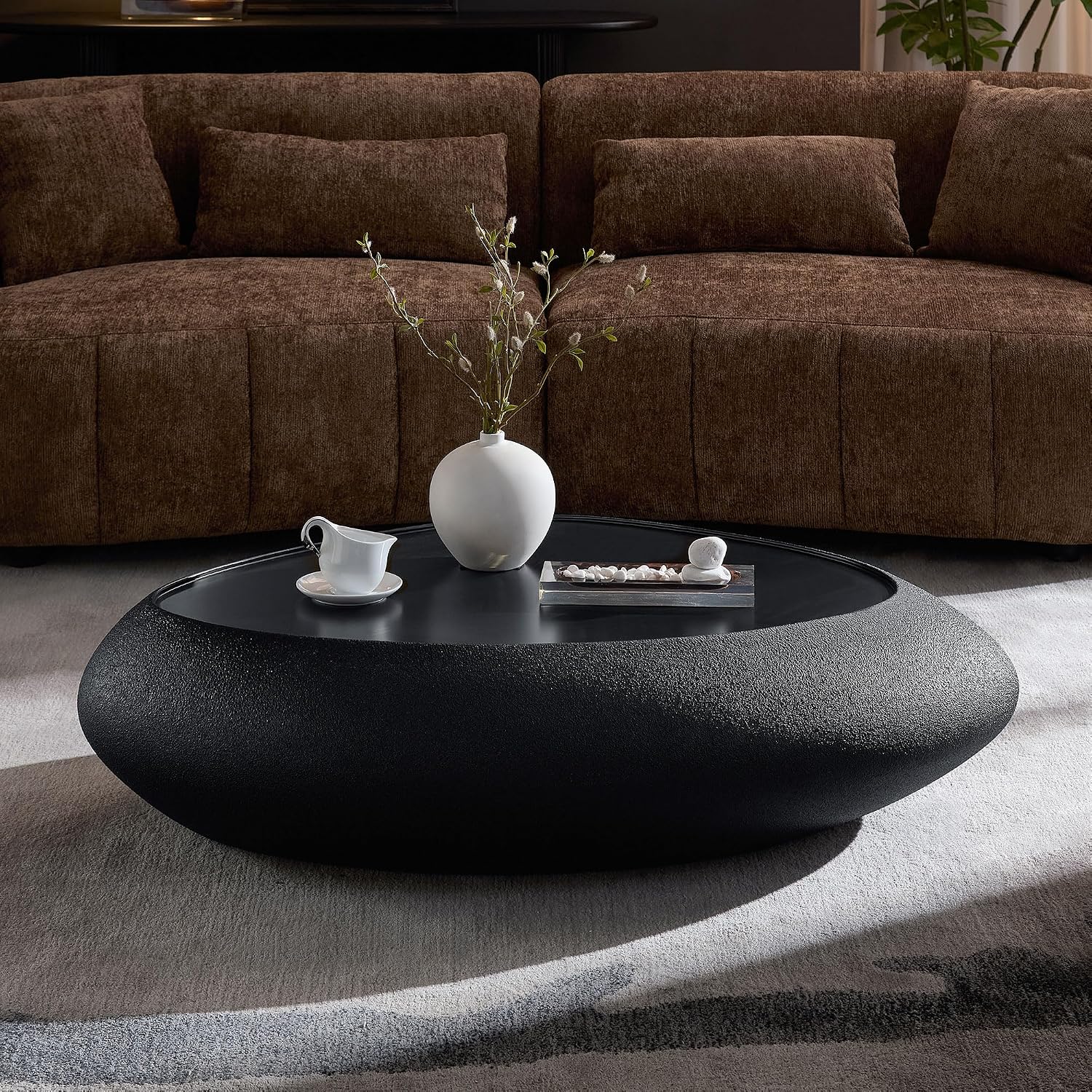 WILLIAMSPACE 47.24' Oval Coffee Table with Grainy Matte Rocks Pattern, Modern Faux Stone Irregular Center Table, Drum Fiberglass Coffee Table Accent Side Table End Table for Living Room (Black)