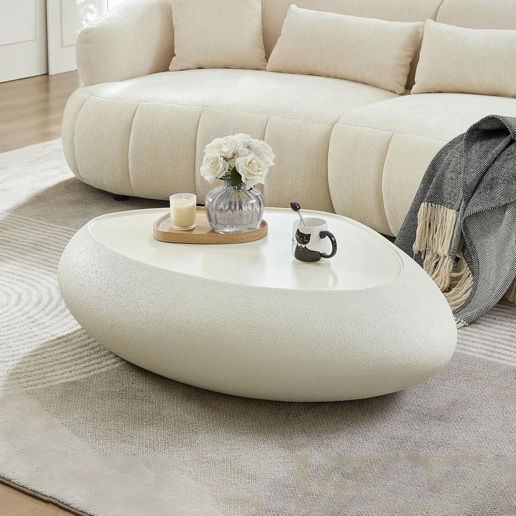 WILLIAMSPACE 47.24' Oval Coffee Table with Grainy Matte Rocks Pattern, Modern Faux Stone Irregular Center Table, Drum Fiberglass Coffee Table Accent Side Table End Table for Living Room (White)