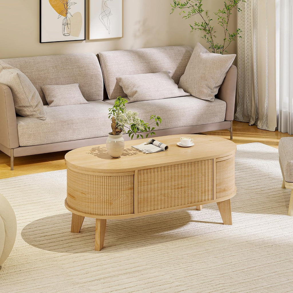 LYNCOHOME Fluted Lift Top Coffee Table with Storage,Modern Oval Coffee Table for Living Room Or Home Office（Natural）