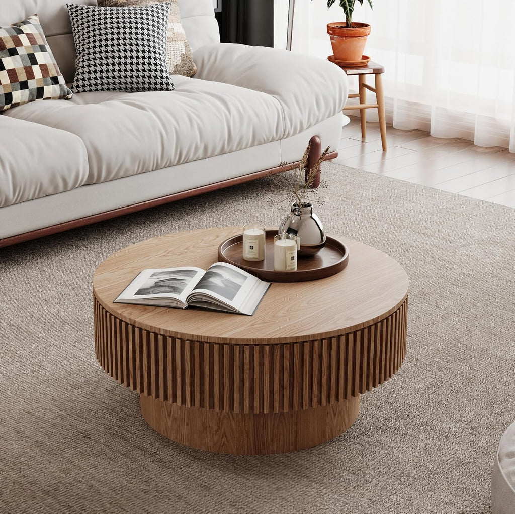 JUSTONE 31.5' Round Coffee Table,Farmhouse Wood Coffee Table with Storage for LivingRoom,Apartment,Office,Natural