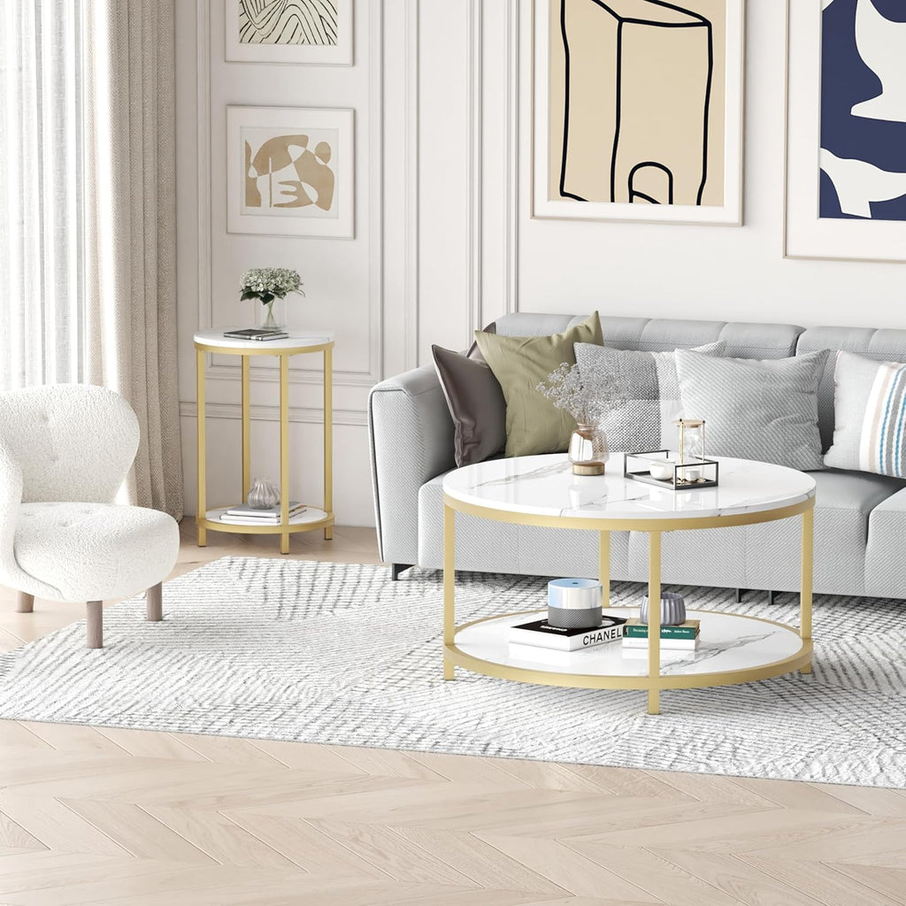 WiberWi Round Coffee Table 33.5' Coffee Tables for Living Room High Glossy Faux White Marble Top Modern Circle Table Sturdy Gold Metal Frame Legs Cocktail Table with Storage Open Shelf