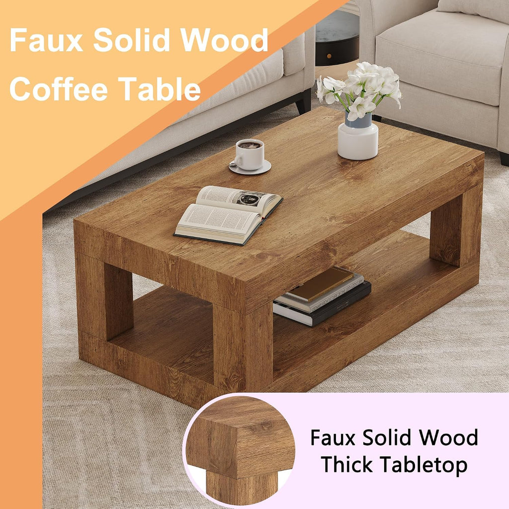 39.4' Coffee Table with Storage, 2-Tier Wood Coffee Table with 4' Thick Tabletop, Mid Century Modern Cocktail Center Tea Tables with Bottom Shelf for Living Room, Office, Apartment,Natural Wood