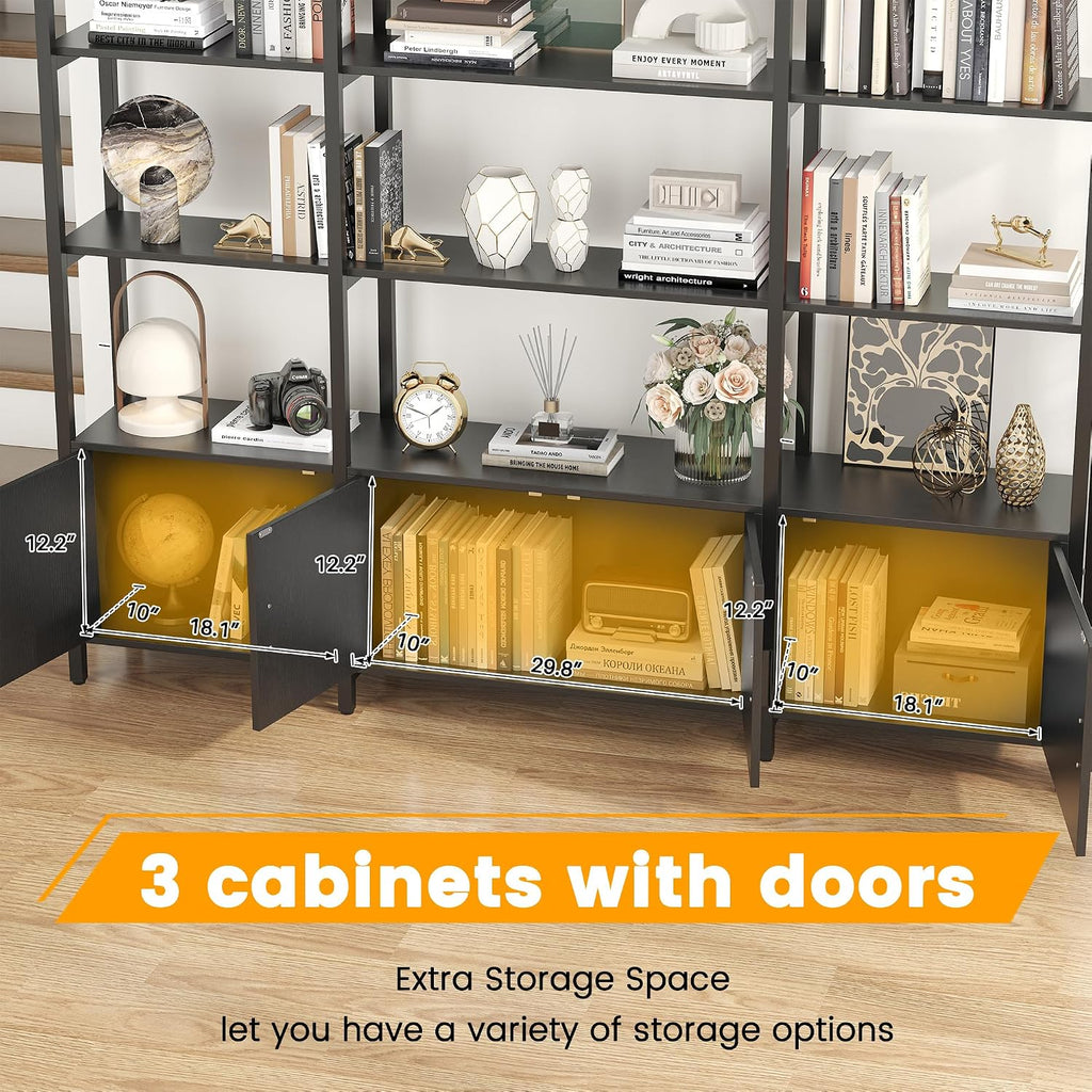 85.8' Tall Arched Bookshelf with Door, 5-Tier Etagere Bookcase with Storage Cabinet Shelf, Triple Wide Industrial Bookshelf, Free Standing Display Shelf for Living Room Home Office, Black