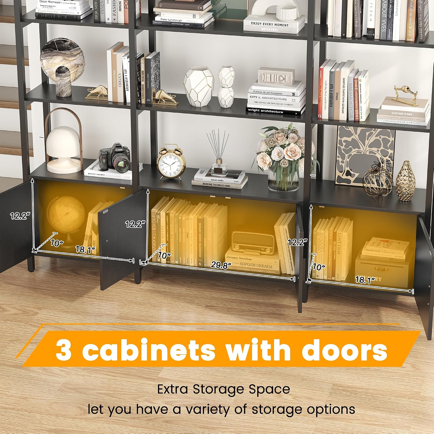 85.8' Tall Arched Bookshelf with Door, 5-Tier Etagere Bookcase with Storage Cabinet Shelf, Triple Wide Industrial Bookshelf, Free Standing Display Shelf for Living Room Home Office, Black