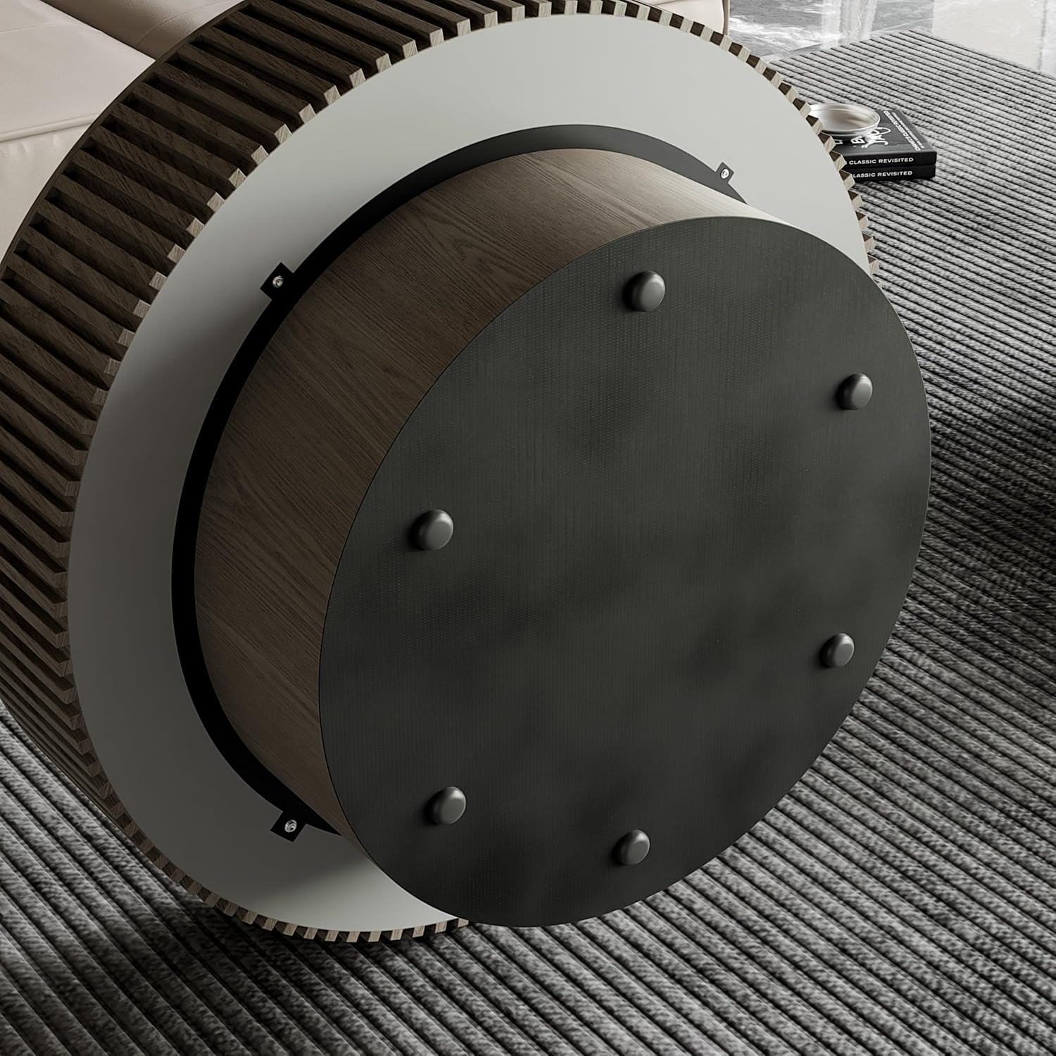 31.5'' Round Coffee Table Modern Wood Coffee Table with Storage Space for Living Room, Contemporary Circle Fluted Drum Pedestal Style, Easy Assembly, Gray (ø31.49'' x 14'')