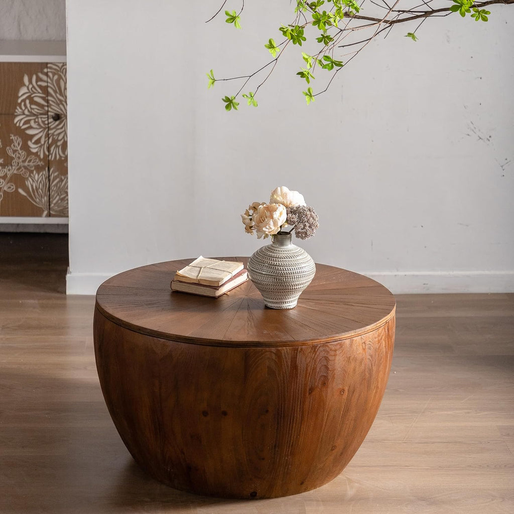 31.5' Retro Style Bucket Shaped Coffee Table with Storage, Drum Center Table for Living Room, Apartment, Office, Dining Room, Brown, No Need Assembly