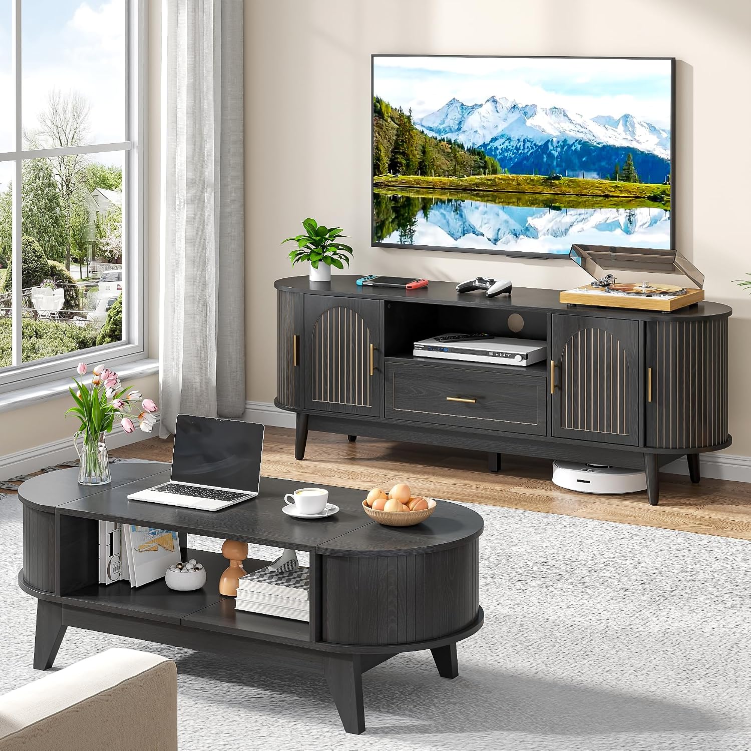 Coffee Table with 2 Hidden Storage,Mid Century Modern Coffee Table with Fluted Finish,Wood Center Tables Oval Coffee Tables with Flip-Top Lids for Living Room Home Office (Black)