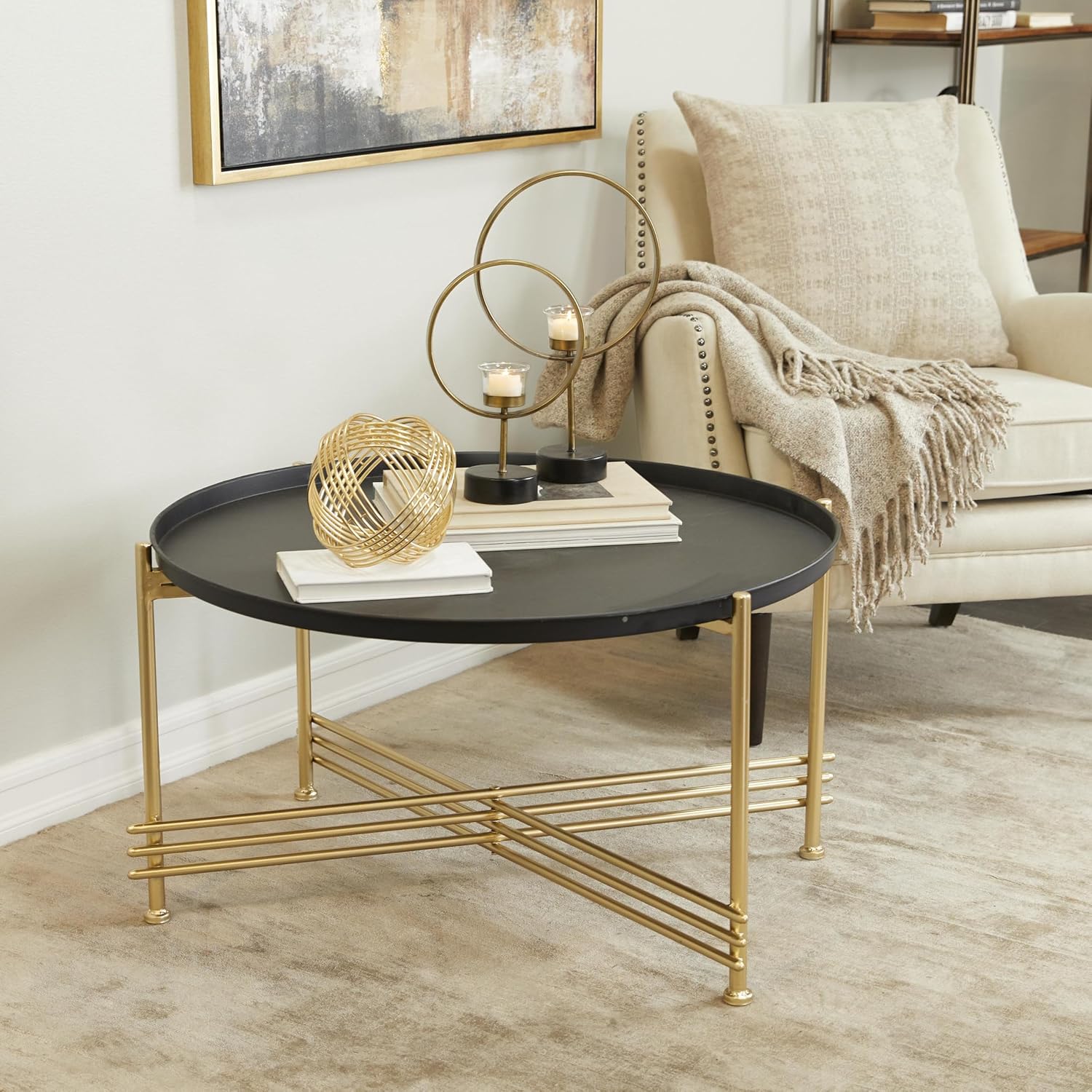 Deco 79 Metal Living Room Coffee Table Tray Top Table with Gold X-Shaped Base, Center Table 33' x 33' x 19', Black