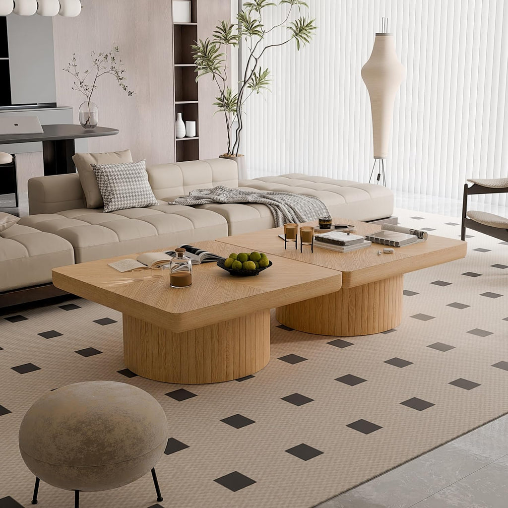 KEIKI 34.6' Square Coffee Table, Wood Table with Thick Parquet Veneer Top, Cylindrical Base Modern Coffee Table for Living Room, Office or Side Table, Natural Wood