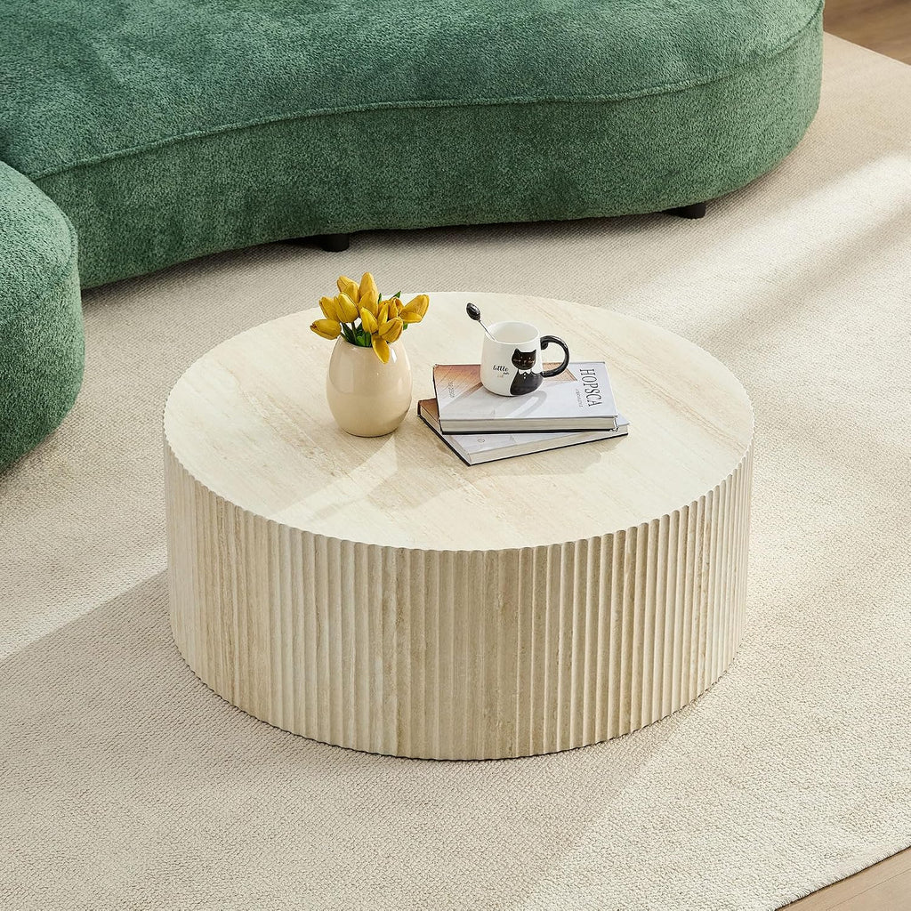 WILLIAMSPACE 35.43' Round Coffee Table with Eye-Catching Relief Design, Modern Luxury Faux Travertine Center Table Accent Side Tea Table for Living Room, No Need Assembly - Beige
