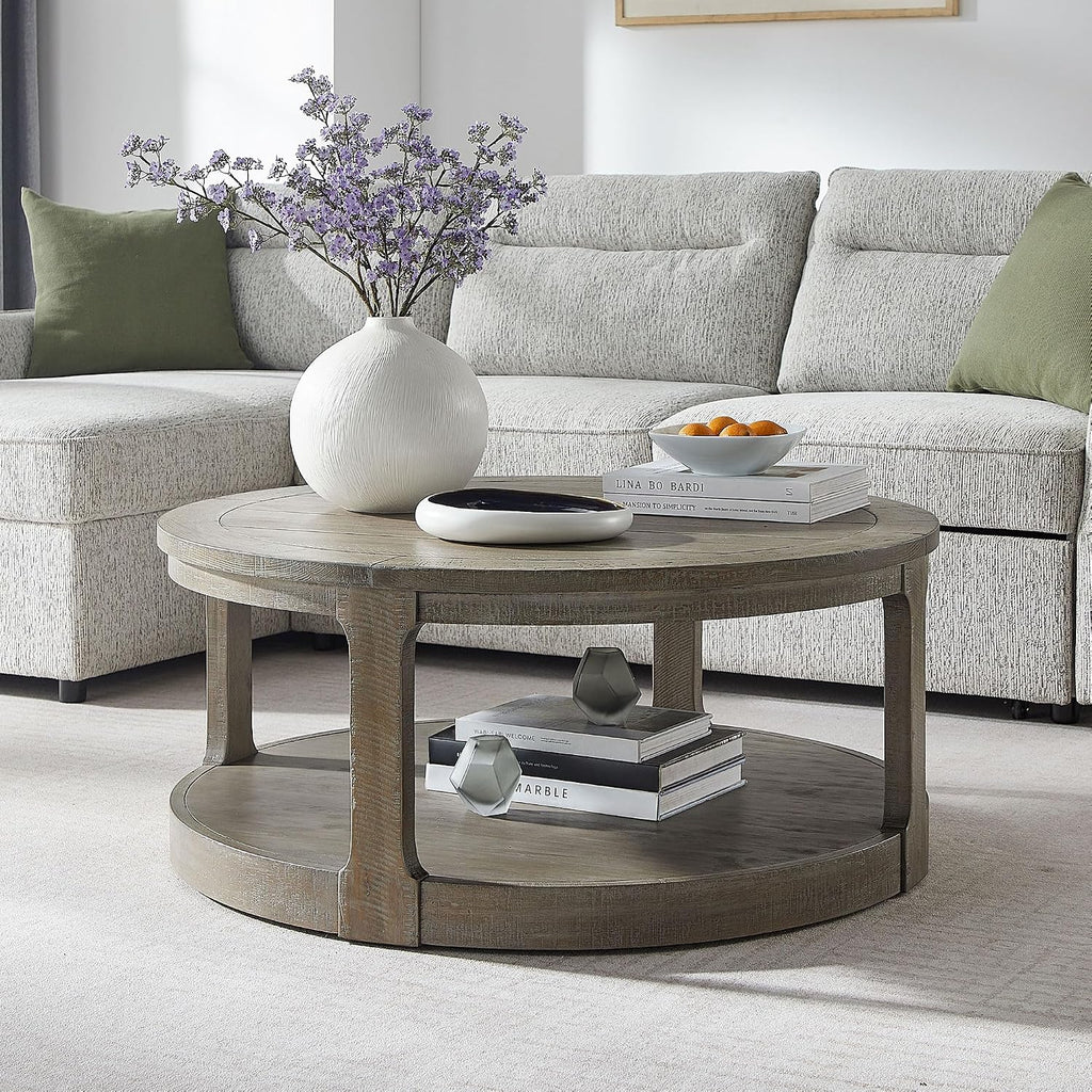 WILLIAMSPACE 40' Round Coffee Table with Wheels, Circle 2 Tier Solid Wood Center Coffee Table, Mid Century Retro Farmhouse Rounded End Table for Living Room Apartment, ø40 x 17.52' H (Light Brown)