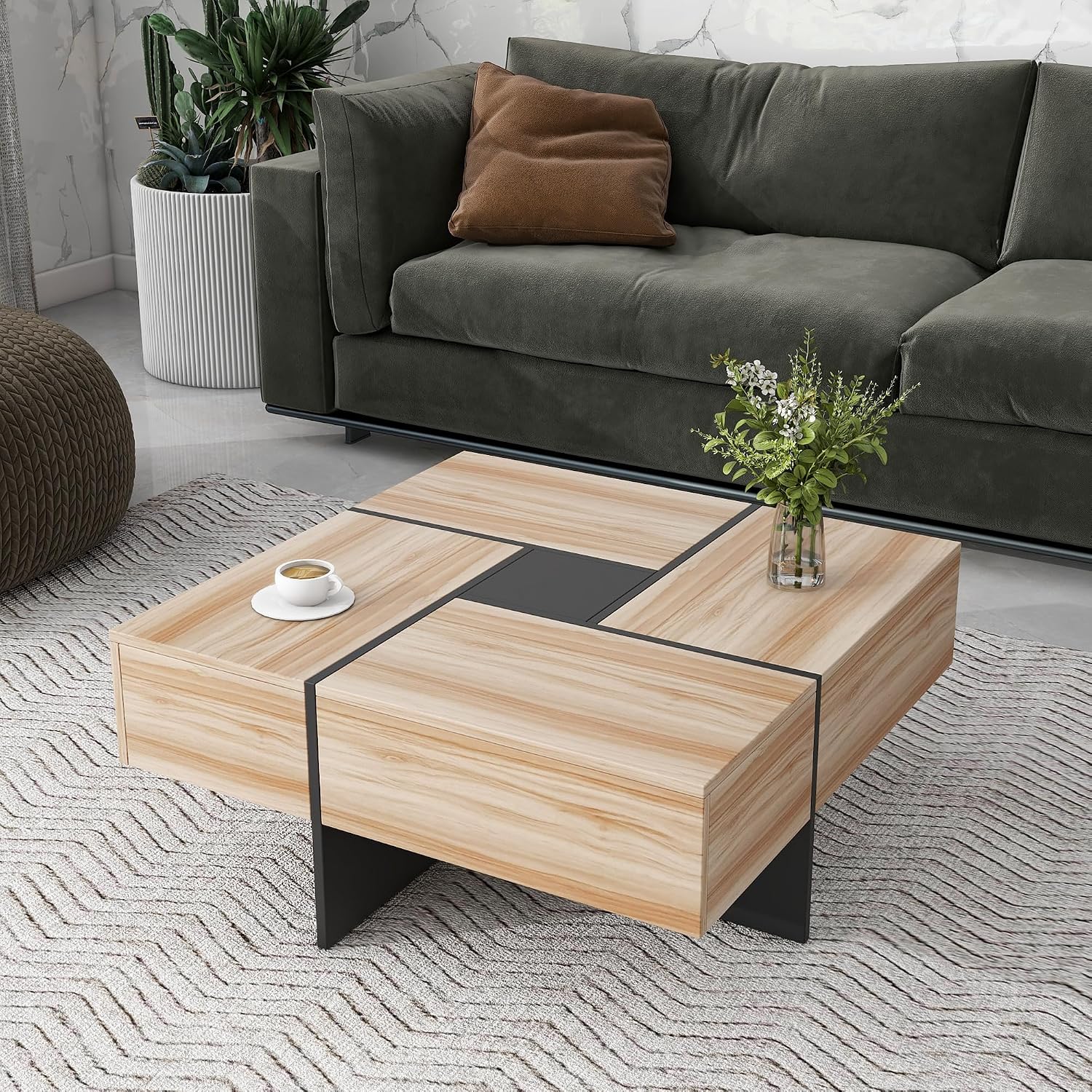 Merax Modern Square Coffee Table with 4 Hidden Storage Compartments, UV High-Gloss Design for Living Room, Brown