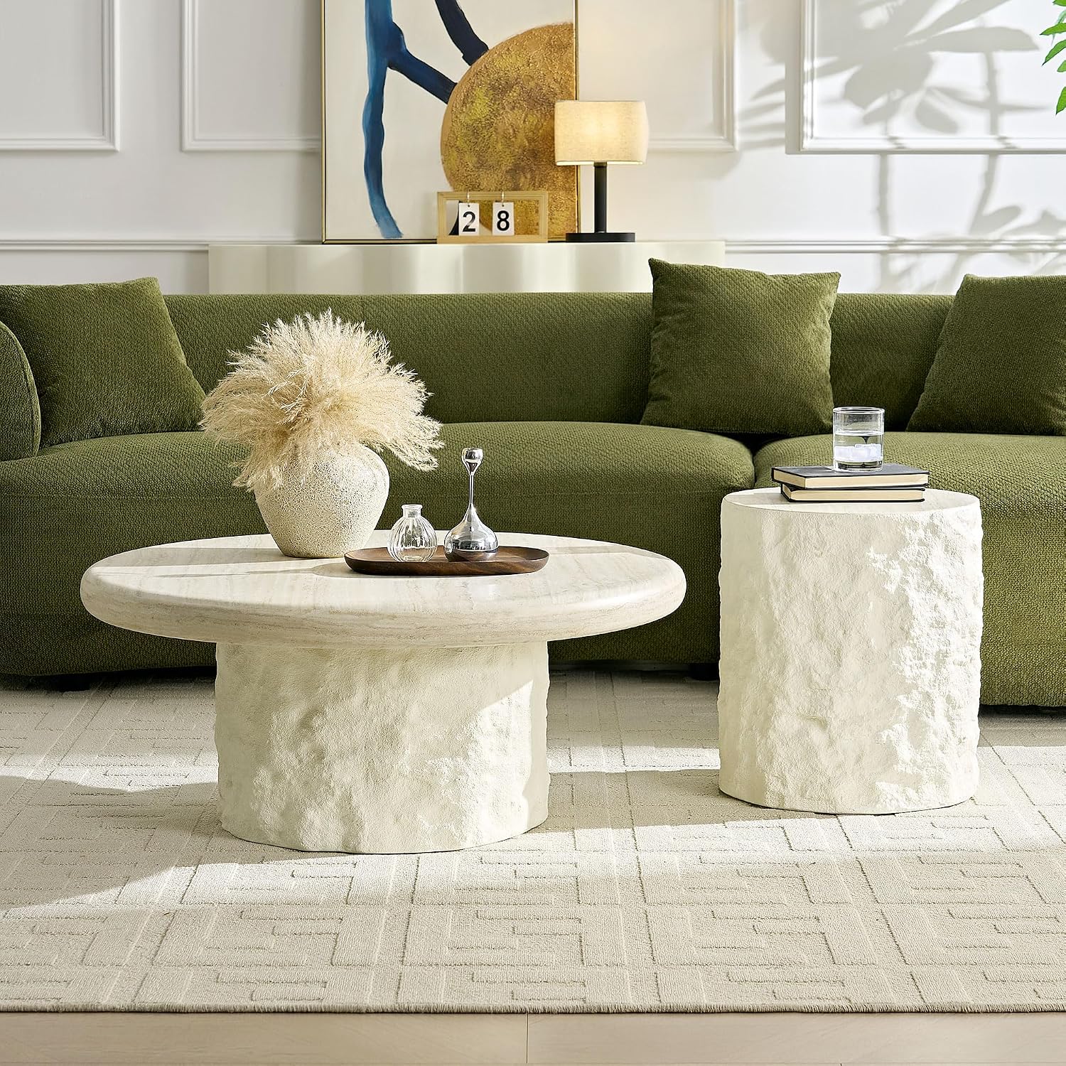 JUSTONE Set of 2 Round Coffee Tables, Modern Minimalist Fiberglass Faux Mars Side End Tables for Living Room Office, Beige