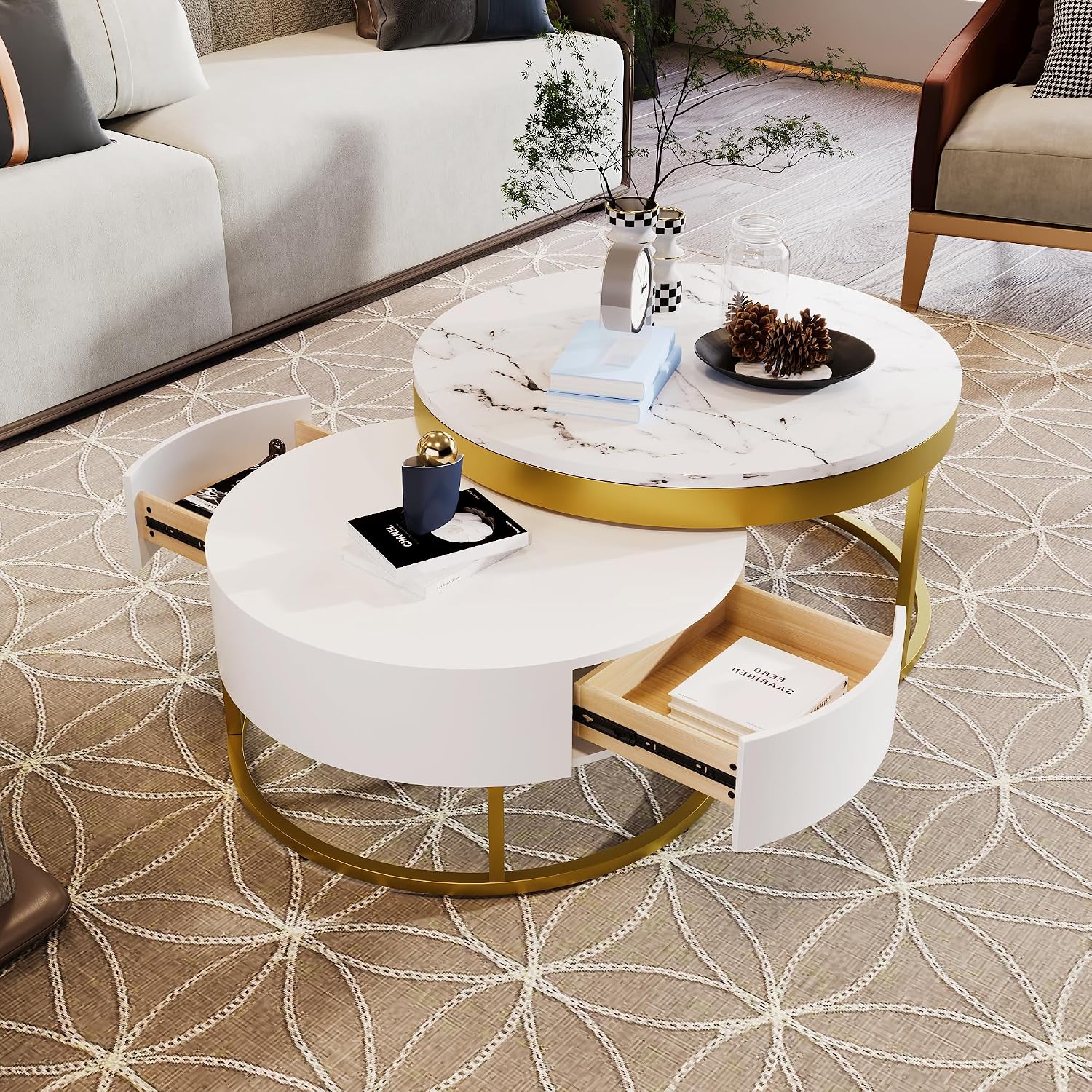 Modern Round Nesting Coffee Table with Drawers for Living Room for Living Room in White