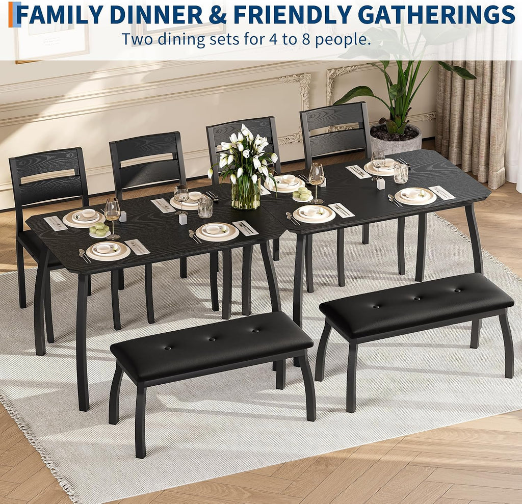 IDEALHOUSE 43'' Dining Table Set for 4, Wooden Kitchen Table with Upholstered Bench & 2 Cushion Chairs, Industrial Dinette Set for Studio, Kitchen, Dining Room, Apartment, Black