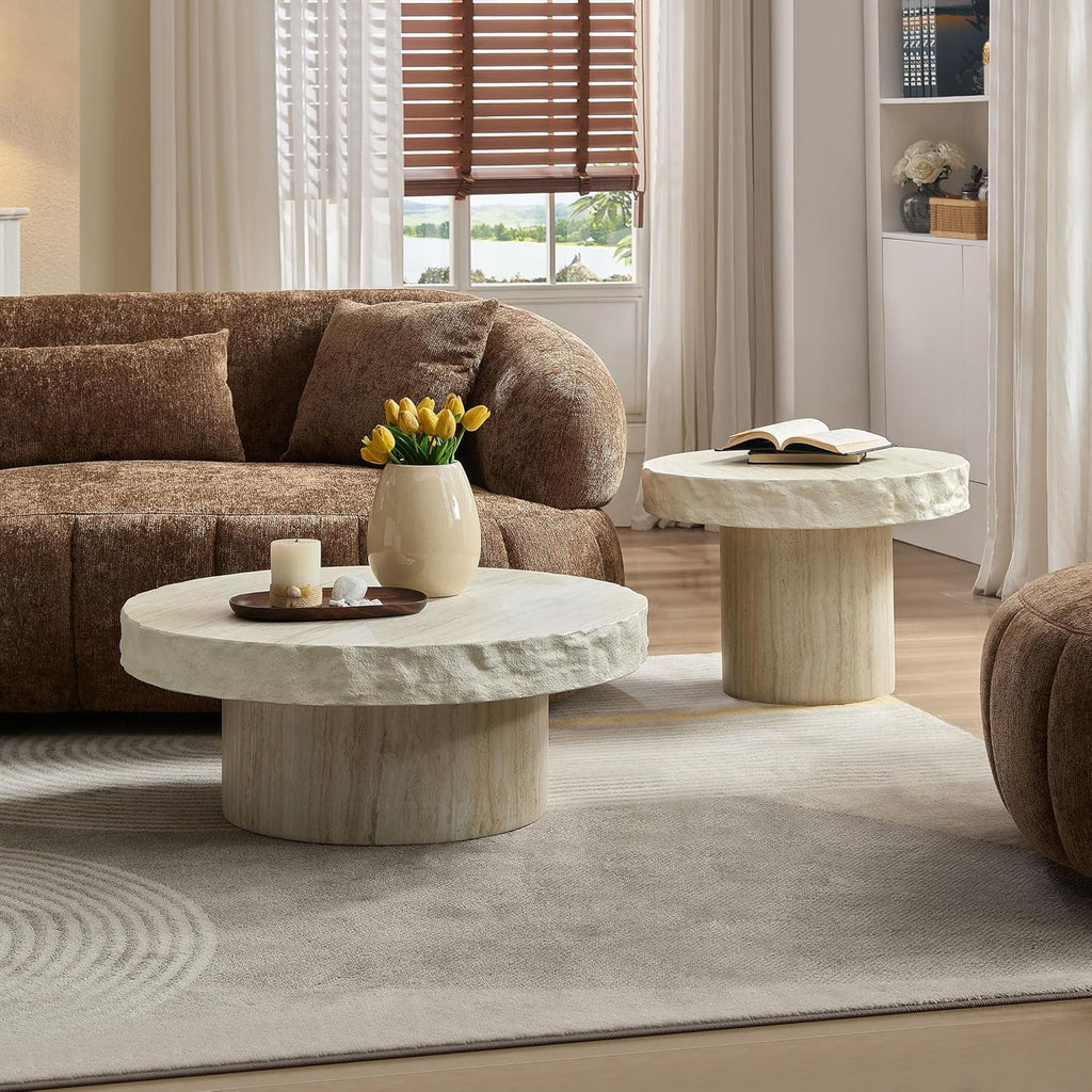 JUSTONE Round Coffee Table for Living Room, 31.69 Inch Modern Accent Table with Faux Stone Beige Weathering Finish, Minimalist Side End Table for Apartment Office