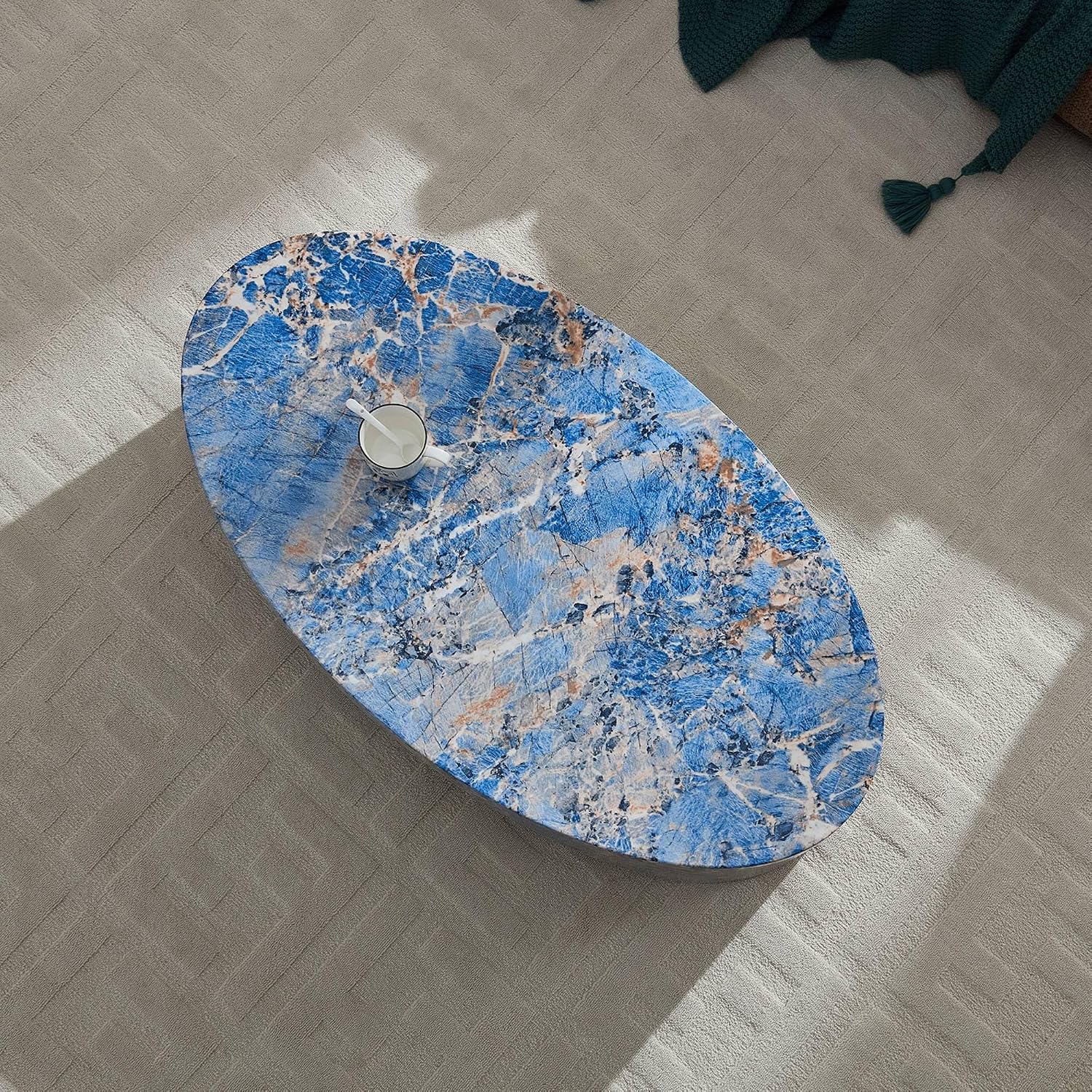 Oval Coffee Tables for Living Room, Faux Mars Pattern Pedestal CoffeeTables Mid Century Modern Minimalist Cave Tables Travertine Stone Pattern Accent End Table for Apartment, Office Fibgerglass Blue