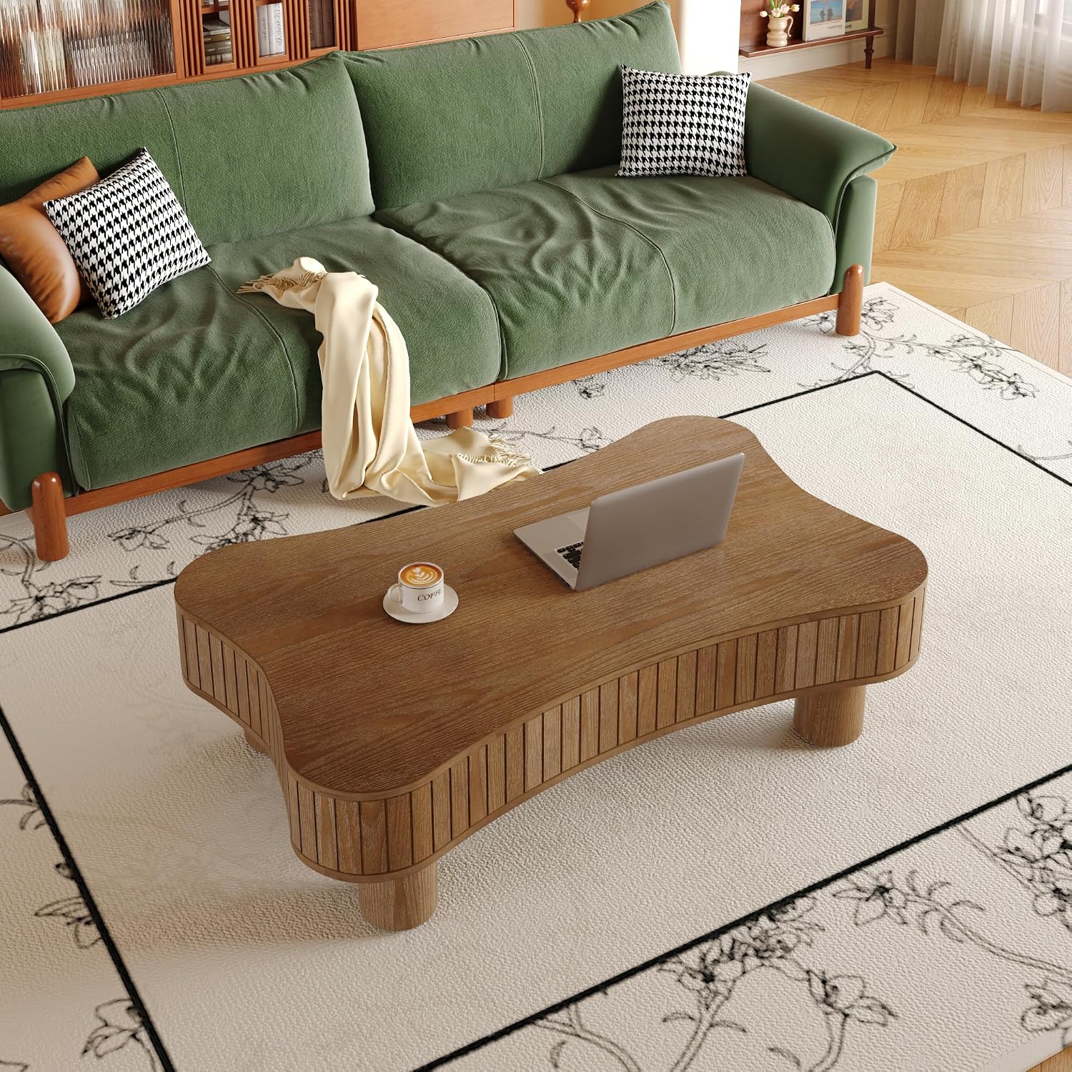 42' Cloud Fluted Lift Top Coffee Table with Hidden & Open Storage, Modern Center Table with Hydraulic Raising Mechanism, Irregular Shape Tea Table with Curved Safety Corners, Walnut