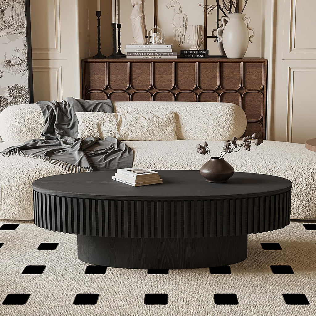 Oval Coffee Table with Storage for Living Room Fluted Pedestal Coffee Table Modern Handcrafted Centre Table for Apartment, Easy Assembly 47.2'x23.6', Black