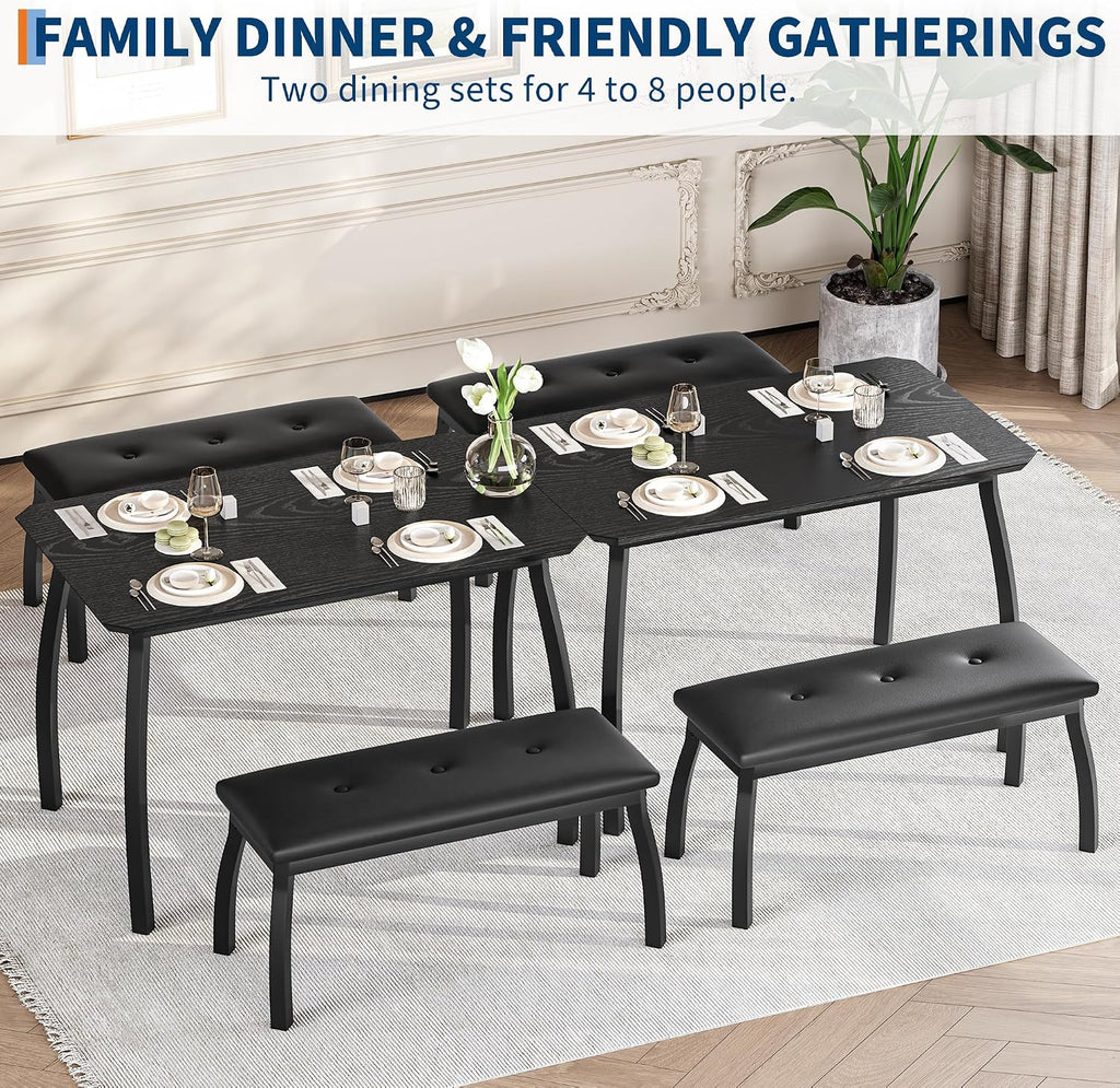Dining Table for 4, 3-Piece Kitchen Table Set for 4 with Wooden Tabletop and Metal Frame, Industrial Kitchen Table with 2 PU Leather Benches for Bar, Dining Room, Restaurant(43''x28''x30''), Black