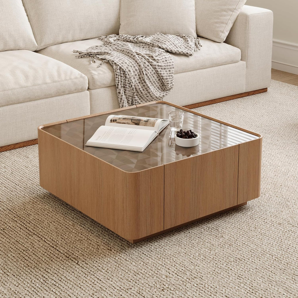 31.5' Square Coffee Table with Glass Tabletop, Mid Century Modern Wood Coffee Table with Drawer, Contemporary Center Table Safe Curved Corners for Living Room, Oak