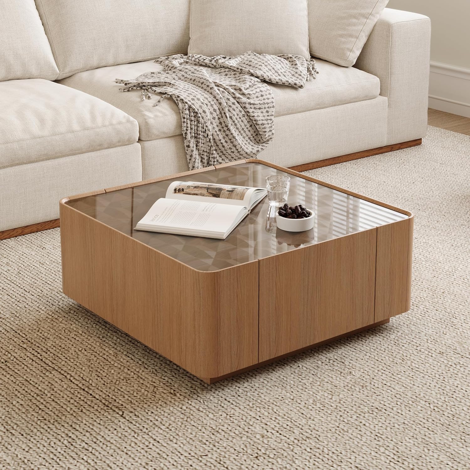 31.5' Square Coffee Table with Glass Tabletop, Mid Century Modern Wood Coffee Table with Drawer, Contemporary Center Table Safe Curved Corners for Living Room, Oak