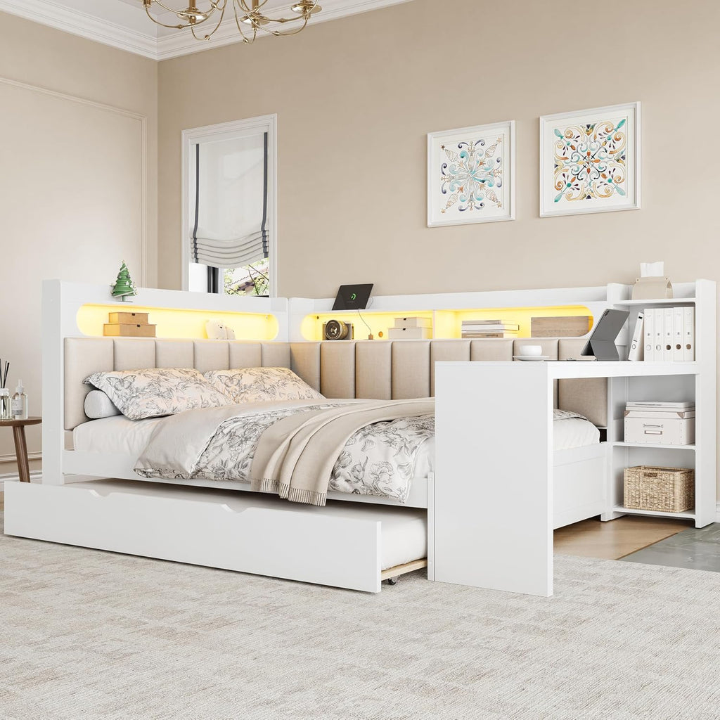 SOFTSEA Full Size Corner Bed with Desk and Trundle, Wood L-Shaped Day Bed with LED Lights, USB Ports & Upholstered Headboard, Full Corner Daybed for Kids Teens Adults, White
