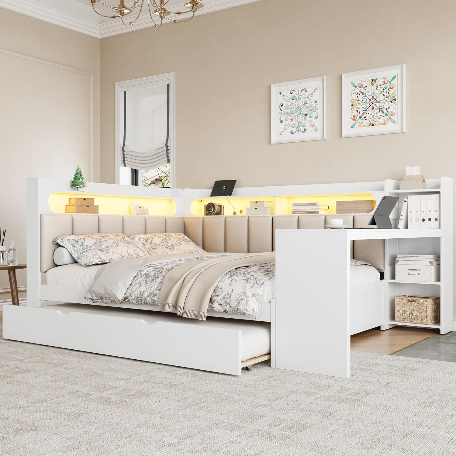 SOFTSEA Full Size Corner Bed with Desk and Trundle, Wood L-Shaped Day Bed with LED Lights, USB Ports & Upholstered Headboard, Full Corner Daybed for Kids Teens Adults, White