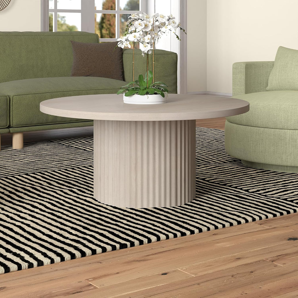 Henn&Hart 32' Fluted Round Wooden Pedestal Low-Profile Coffee Table with Ribbed Pedestal Base for Living Room, Family Room, Office, or Apartment, Beech White