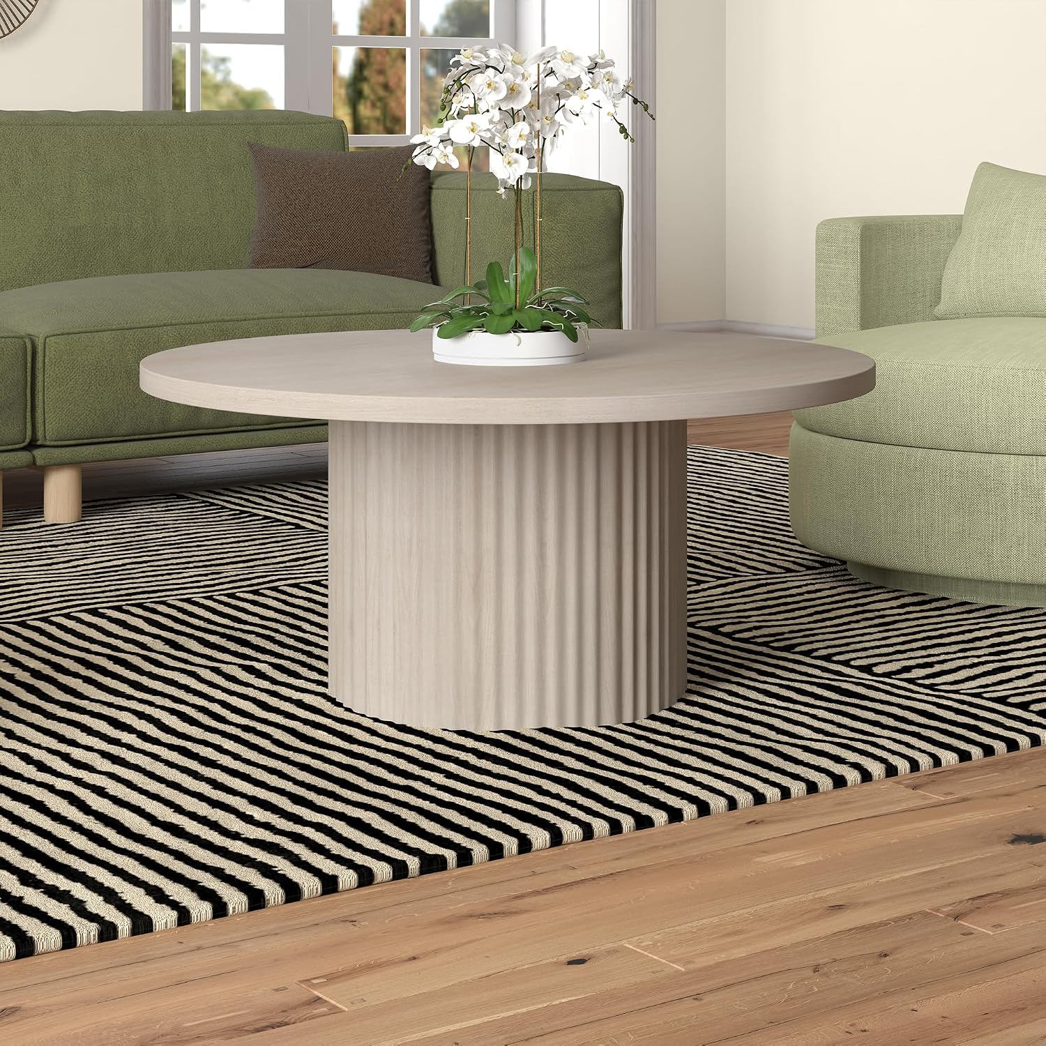 Henn&Hart 32' Fluted Round Wooden Pedestal Low-Profile Coffee Table with Ribbed Pedestal Base for Living Room, Family Room, Office, or Apartment, Beech White