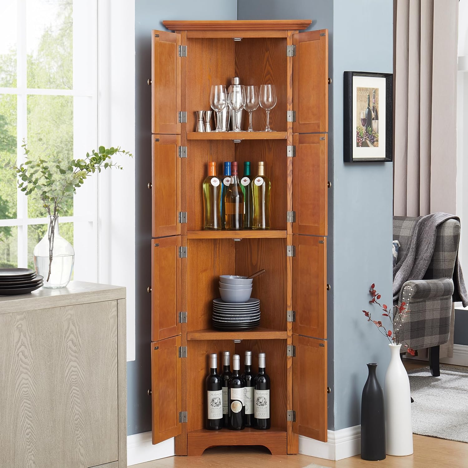 Tall Corner Bookcase Storage Cabinet with Doors and 4 Shelves, Freestanding Triangle Cabinet for Living Room, Kitchen, Office, Small Space, Floor Corner Storage Rack (Oak2)