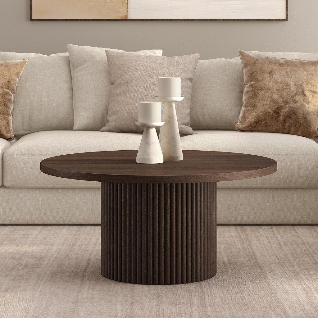 Henn&Hart 32' Fluted Round Pedestal Low-Profile Coffee Table for Living Room, Family Room, Office, or Apartment, Heritage Oak