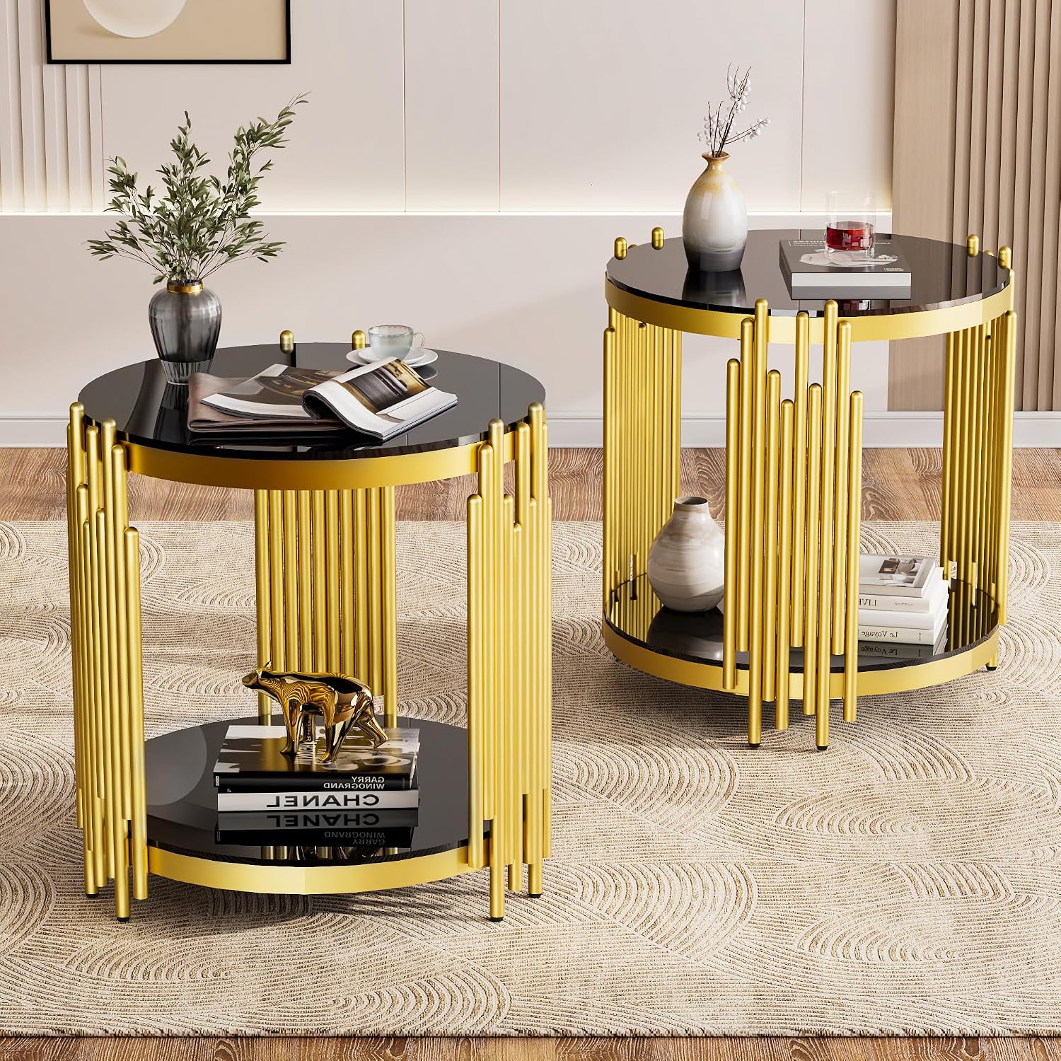 Luxury Gold Round Glass End Table Set of 2, 19.7' Modern Side Table with Stainless Steel Irregular Leg Black Tempered Glass Tabletop, Accent Furniture for Living Room, Black