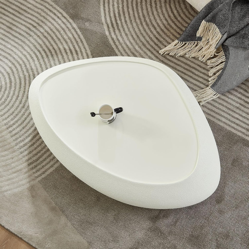 WILLIAMSPACE 47.24' Oval Coffee Table with Grainy Matte Rocks Pattern, Modern Faux Stone Irregular Center Table, Drum Fiberglass Coffee Table Accent Side Table End Table for Living Room (White)