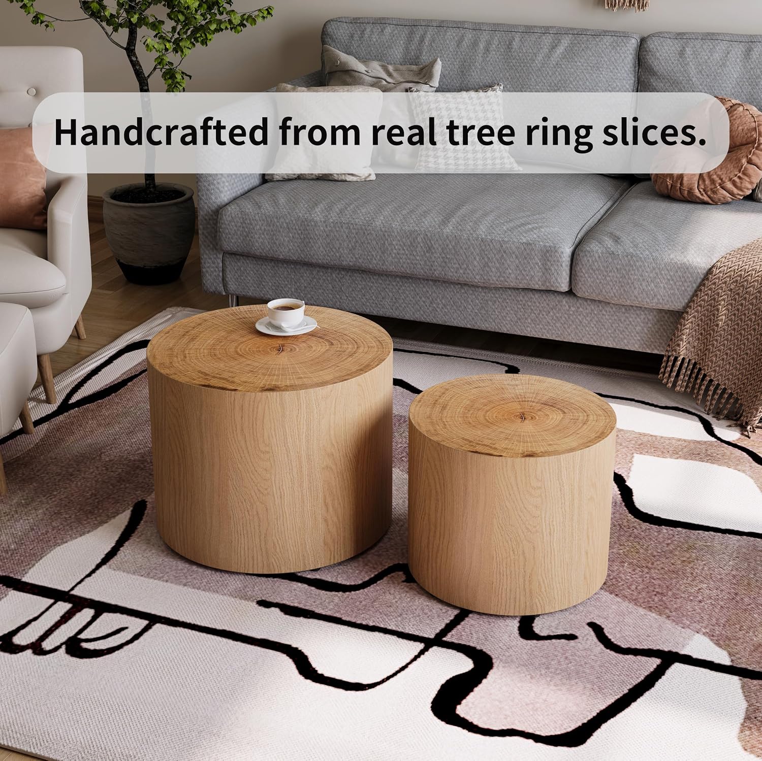 WILLIAMSPACE 18.9' Round Nesting Coffee Table Set of 2, Modern Wooden Coffee Tables Small Circle Center Table for Living Room, Accent End Table Set, No Assembling (Natural Wood)