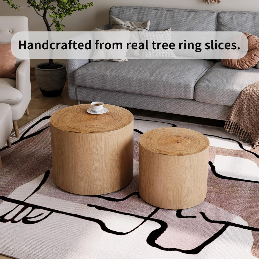 Nesting Coffee Table Set of 2, Modern Round Coffee Table, Wooden Circle Accent Tables for Small Spaces Living Room Bedroom Balcony Office Drum Side Table, Natural Wood