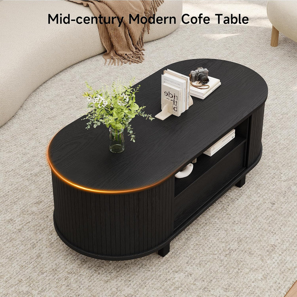 ComfyCorner 47' Oval Coffee Table, Tambour Design Coffee Tables for Living Room, Mid Century Modern Wood Coffee Table, 3-Tier Accent Center Table with Storage, Large Drawer, Black