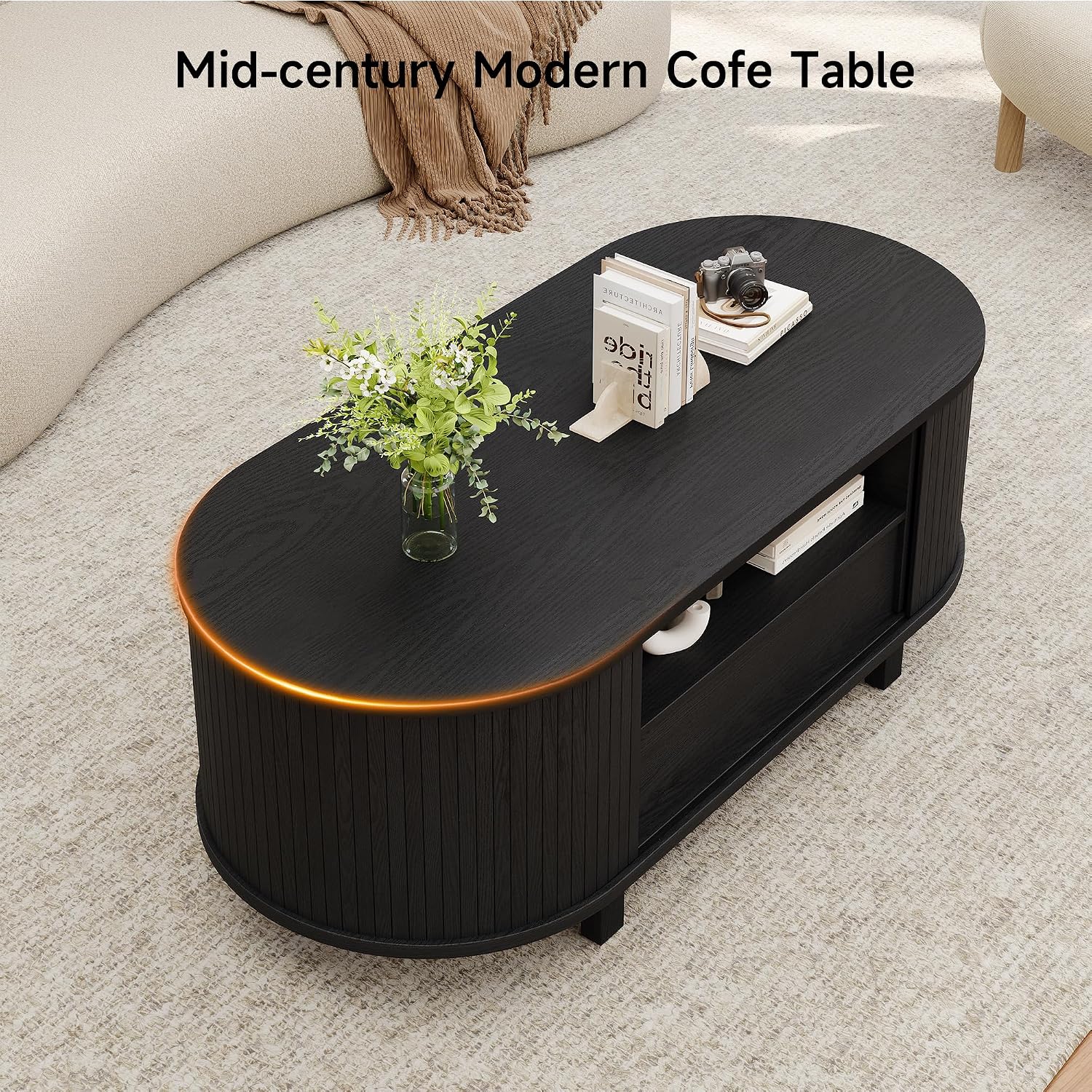 ComfyCorner 47' Oval Coffee Table, Tambour Design Coffee Tables for Living Room, Mid Century Modern Wood Coffee Table, 3-Tier Accent Center Table with Storage, Large Drawer, Black