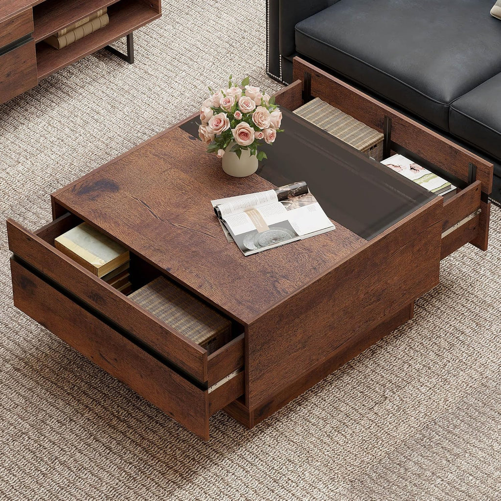 WAMPAT Modern TV Stand and Coffee Table Set of 2, Storage Entertainment Center for TVs Up to 100 inch, Square Center Table with Tempered Glass and Storage Drawers for Living Room, Brown