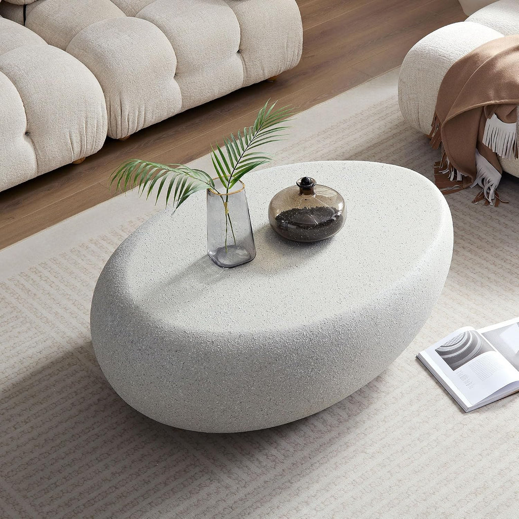 WILLIAMSPACE Faux Stone Coffee Table Set of 2 with Grainy Rocks for Living Room, Modern Irregular Oval Curved Center Table Set, Accent Travertine Drum Fiberglass Tea Table, No Assembly (Beige)