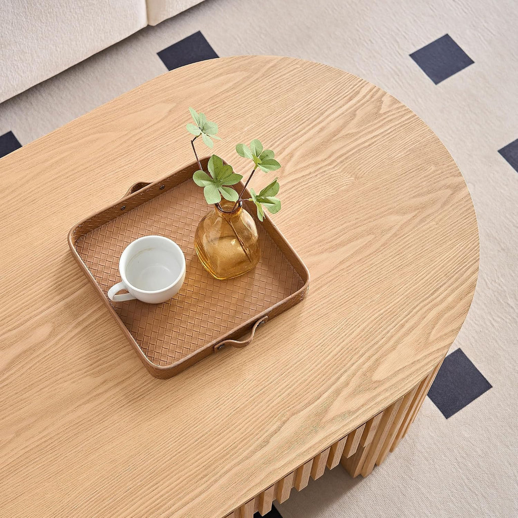 Oak Oval Coffee Table with Storage for Living Room 51.18' Wooden Fluted Coffee Table with Drawer Modern Handcrafted Centre Table Easy Assembly