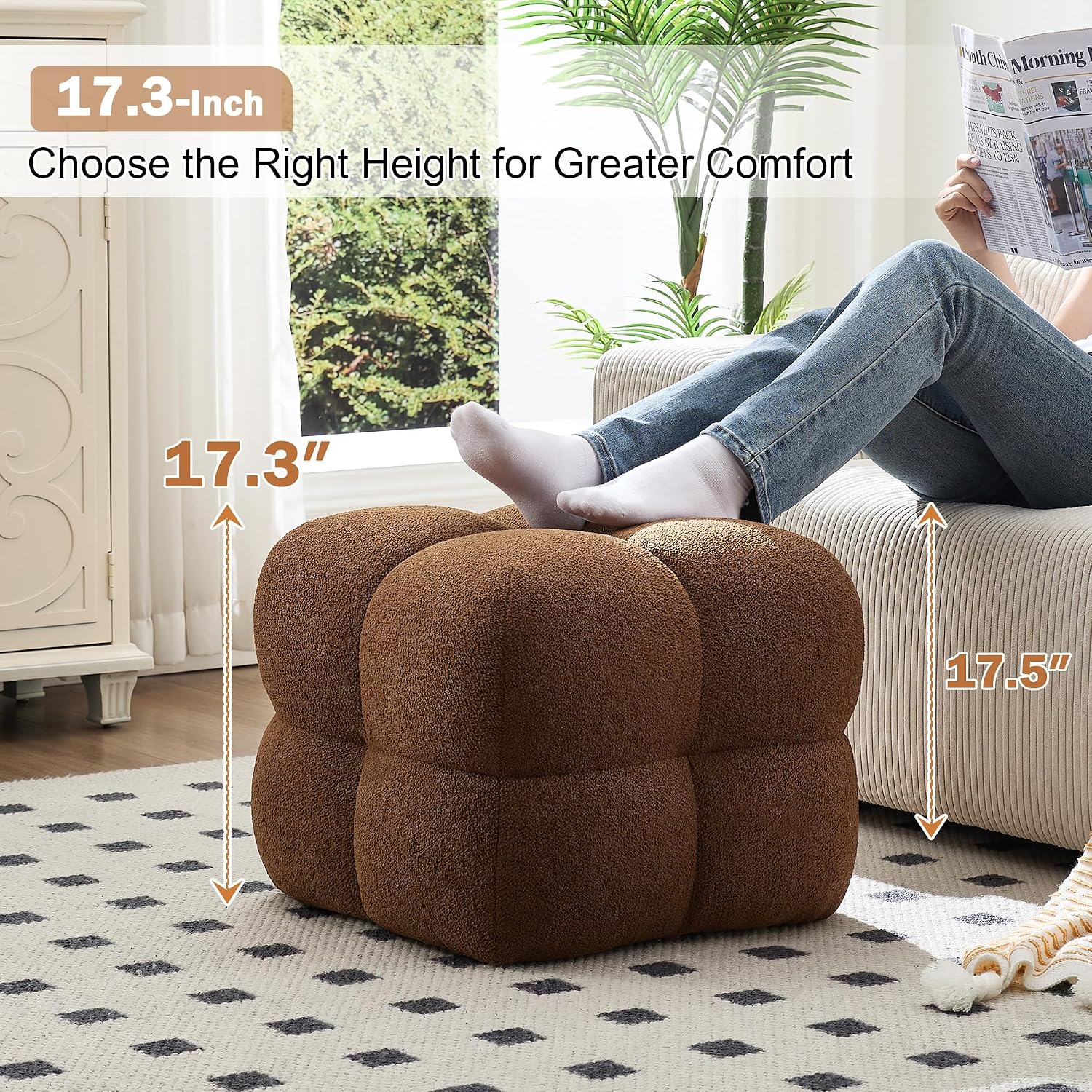 Zesthouse Square Pouf Ottomans Footstool Set of 2, Upholstered Poofy Ottoman for Couch Sofa, Modern Ottoman Coffee Table for Living Room, Rust Brown Boucle Fabric Stool Foot Rest, Cute Vanity Chair