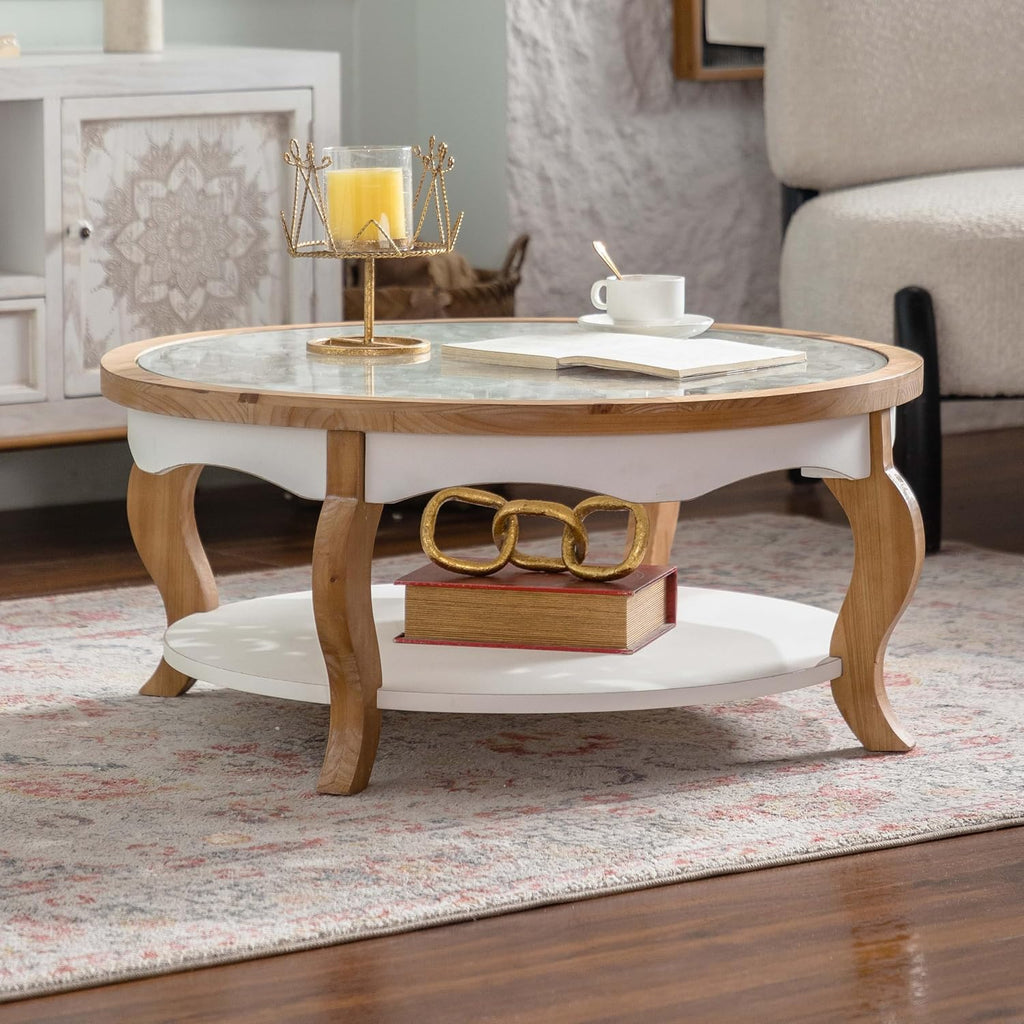 WILLIAMSPACE 31.5' Round Coffee Table with Open Storage, Farmhouse Solid Wood Circle Center Table with Tempered Glass Top 2-Tier Tea Table for Living Room, Easy Assembly (White & Natural Wood Finish)