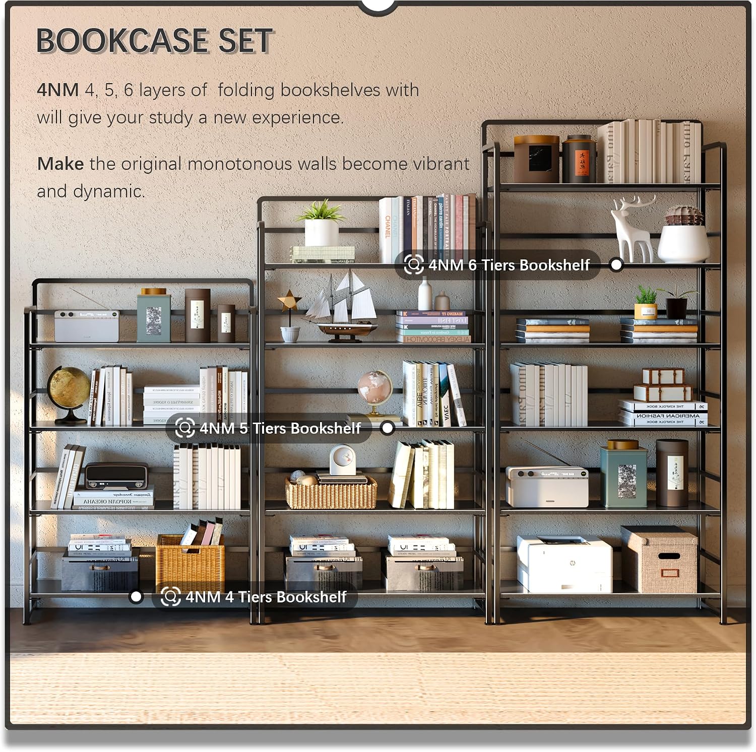 4NM No Assembly Extra Wide 4 Tiers Folding Bookshelf Storage Shelves Vintage Bookcase Standing Racks Study Organizer Home Office (All Black)