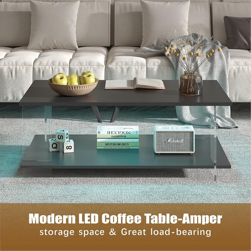 HedoAjim 43' Acrylic Coffee Table with Black Wood Top, Minimalist Stylish Modern Rectangular Center Tables for Living Room, Led Living Room Table with Storage Shelf & Acrylic Frame for Small Space